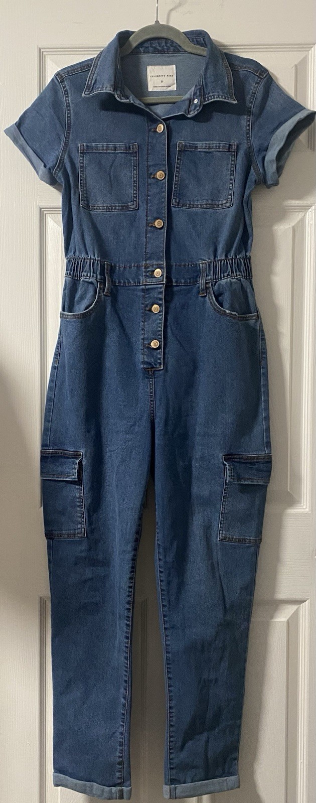 Celebrity Pink Blue Denim Short Sleeve Button Jumpsuit, Pockets, Straight Leg, …