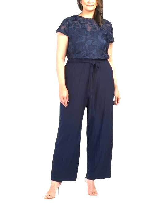 Marina Womens Navy Blue Short Lace Sleeve Wide Leg Jumpsuit Plus Sz 3X New