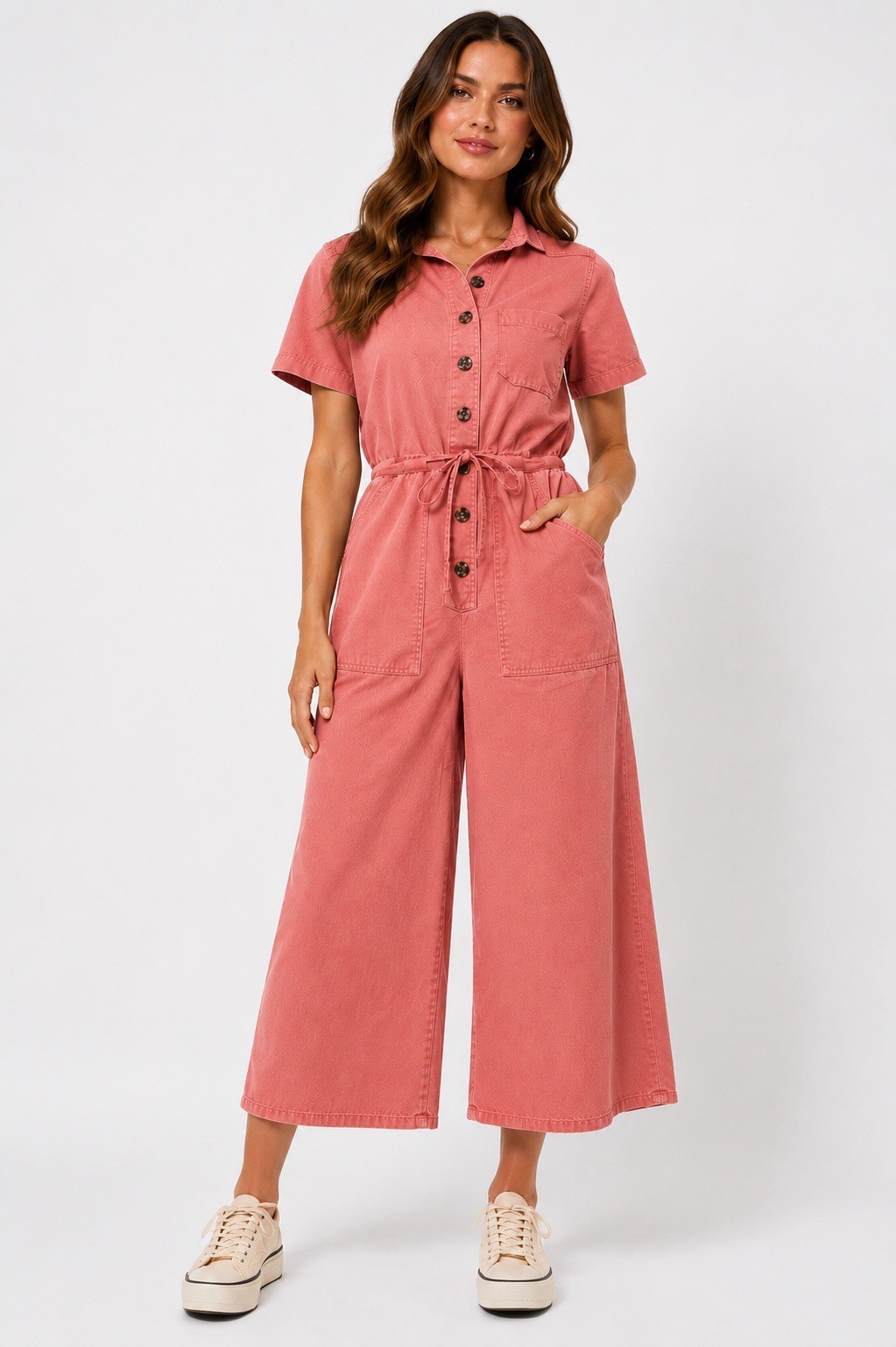 Madewell Wide Leg Cropped Utility Jumpsuit Coral Peach Button Front 00