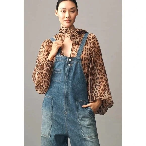 Anthropologie Pilcro Barrel Leg Zip Front Overall wide leg Blue Denim M NWT $188