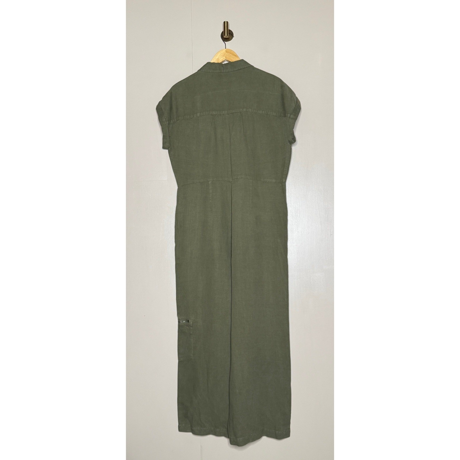Nicole Miller Linen Lyocell Utility Jumpsuit Olive Green Wide Leg Size 8