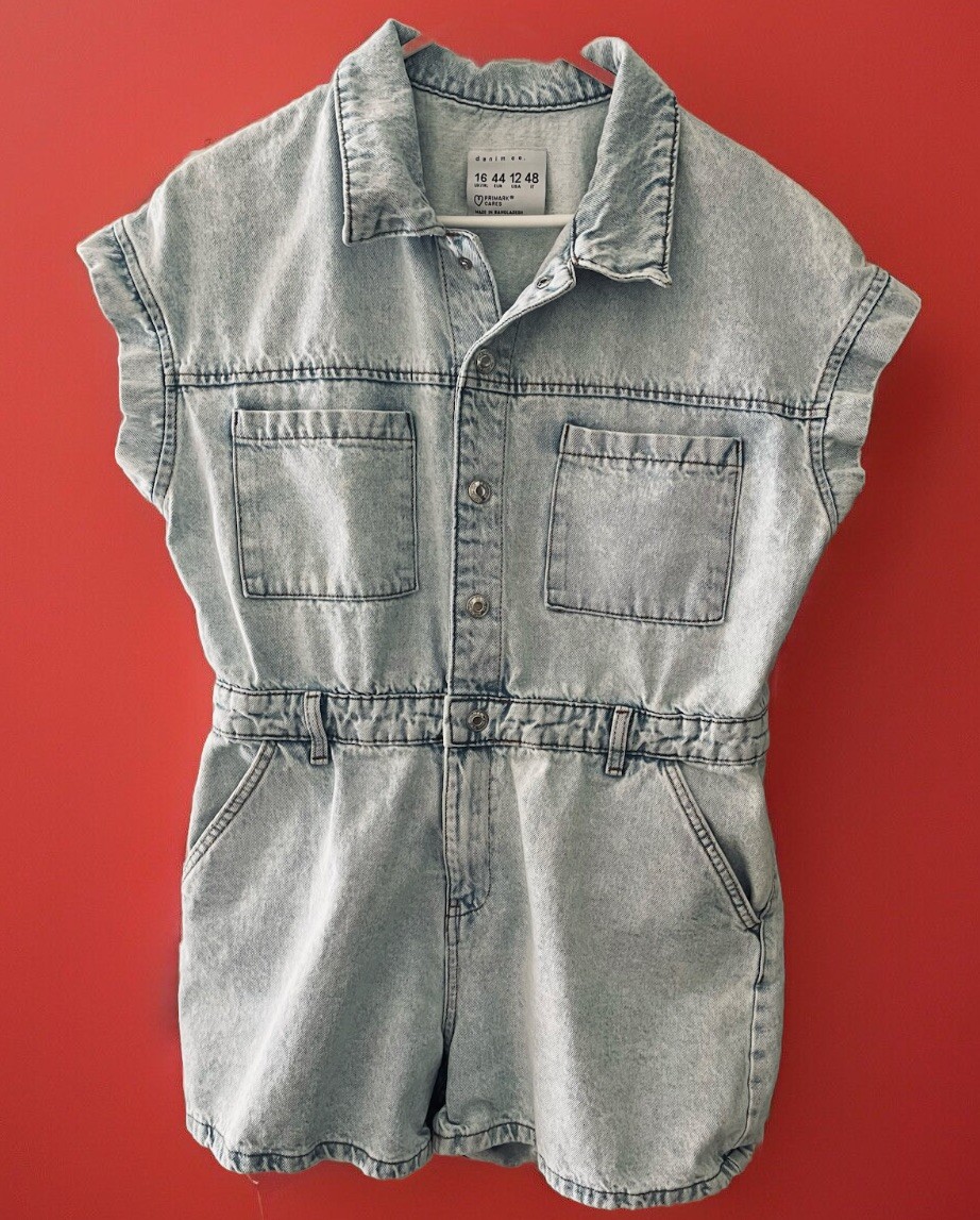 PRIMARK DENIM CO | Light Wash Romper Blue Denim Jean Utility Snap | Size 12