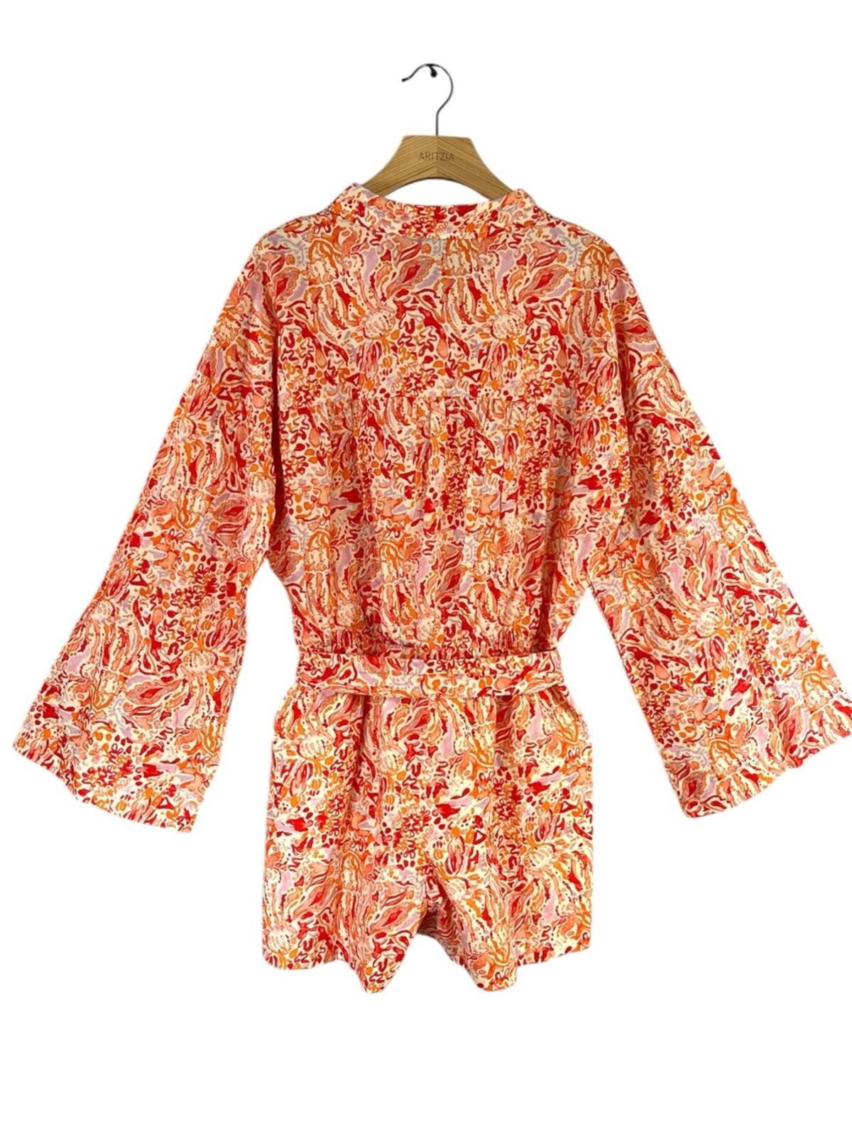 NWT VICI Orange and Pink Belted Romper with Long Bell Flare Sleeve Size Large
