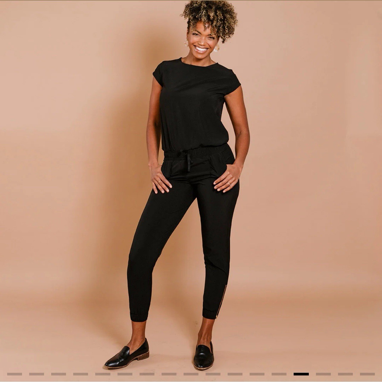 Albion Black Cap Sleeve Elastic Waist Wrinkle Free Jumpsuit Women’s Petite L