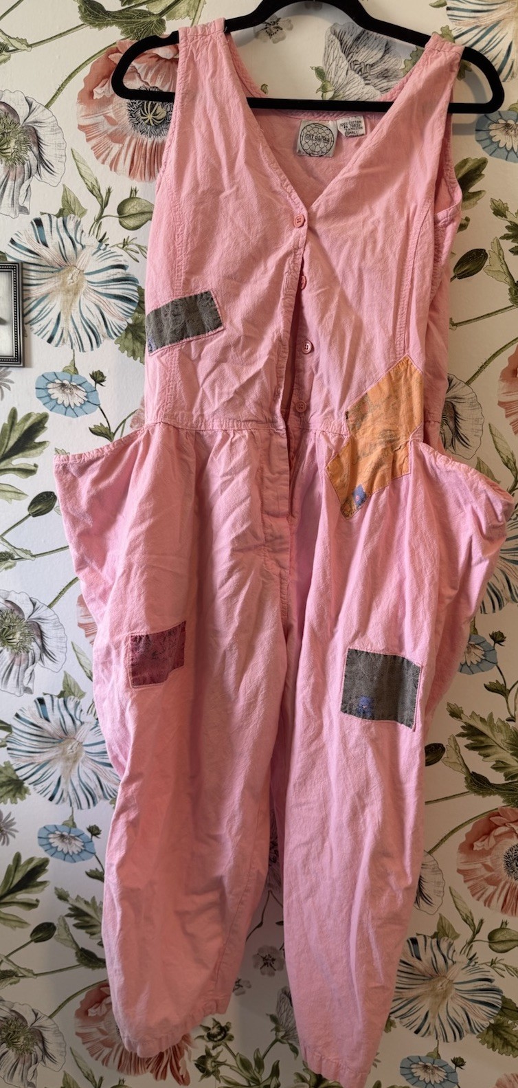 Vintage 80s/90s Boho Size Small Pink Patchwork Quilt Overalls Kangaroo Pockets