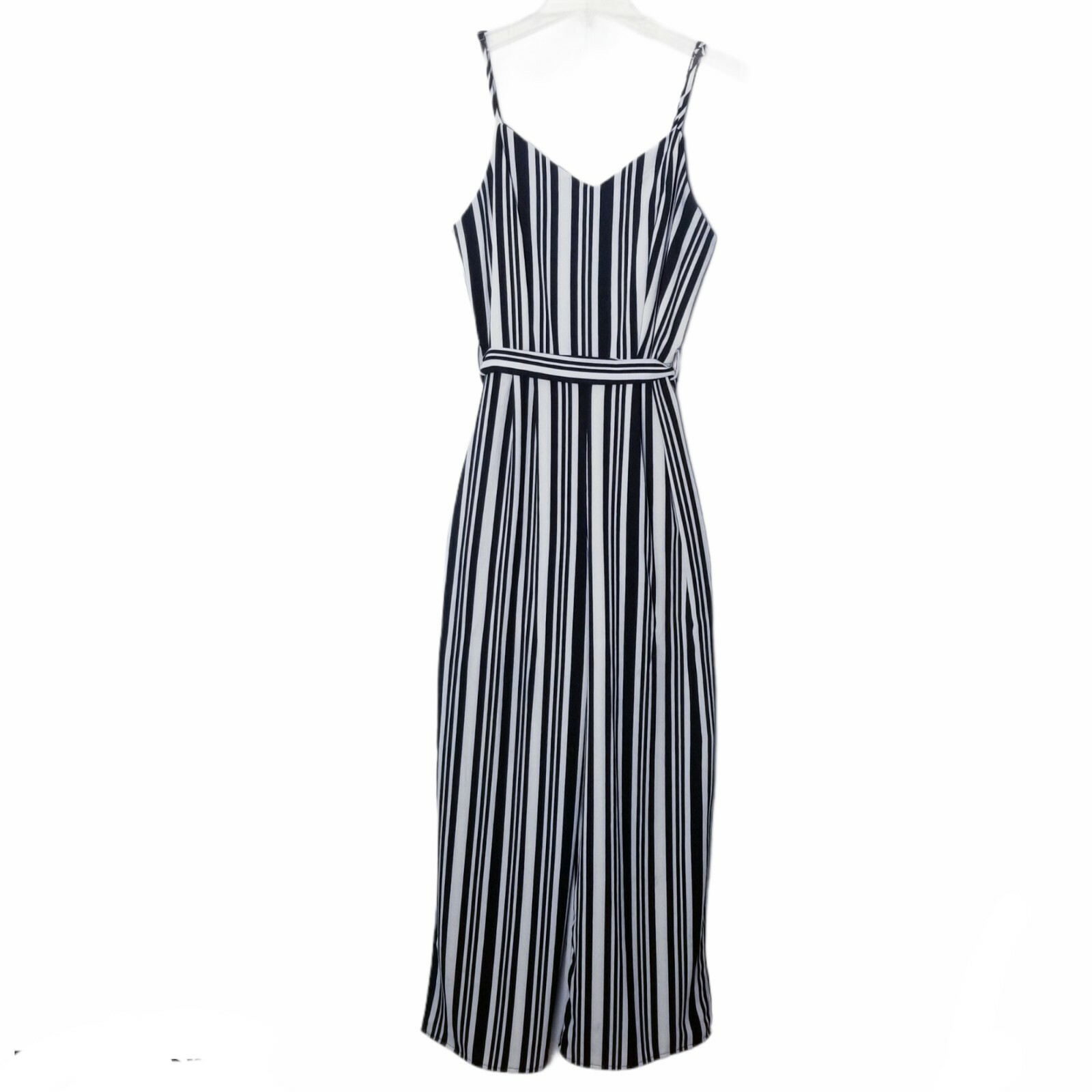 Monteau Los Angeles Jumpsuit Women Large L Striped Belted Side Slit V-Neck Wide