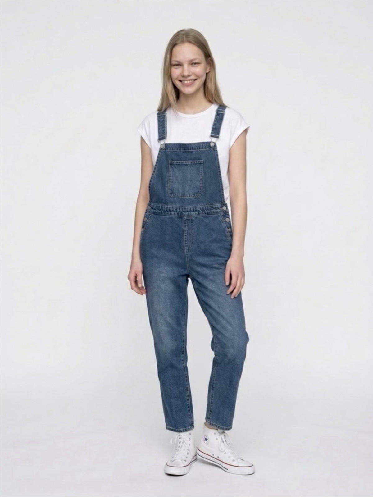JustFab Kendall Relaxed Denim Overalls, Size M
