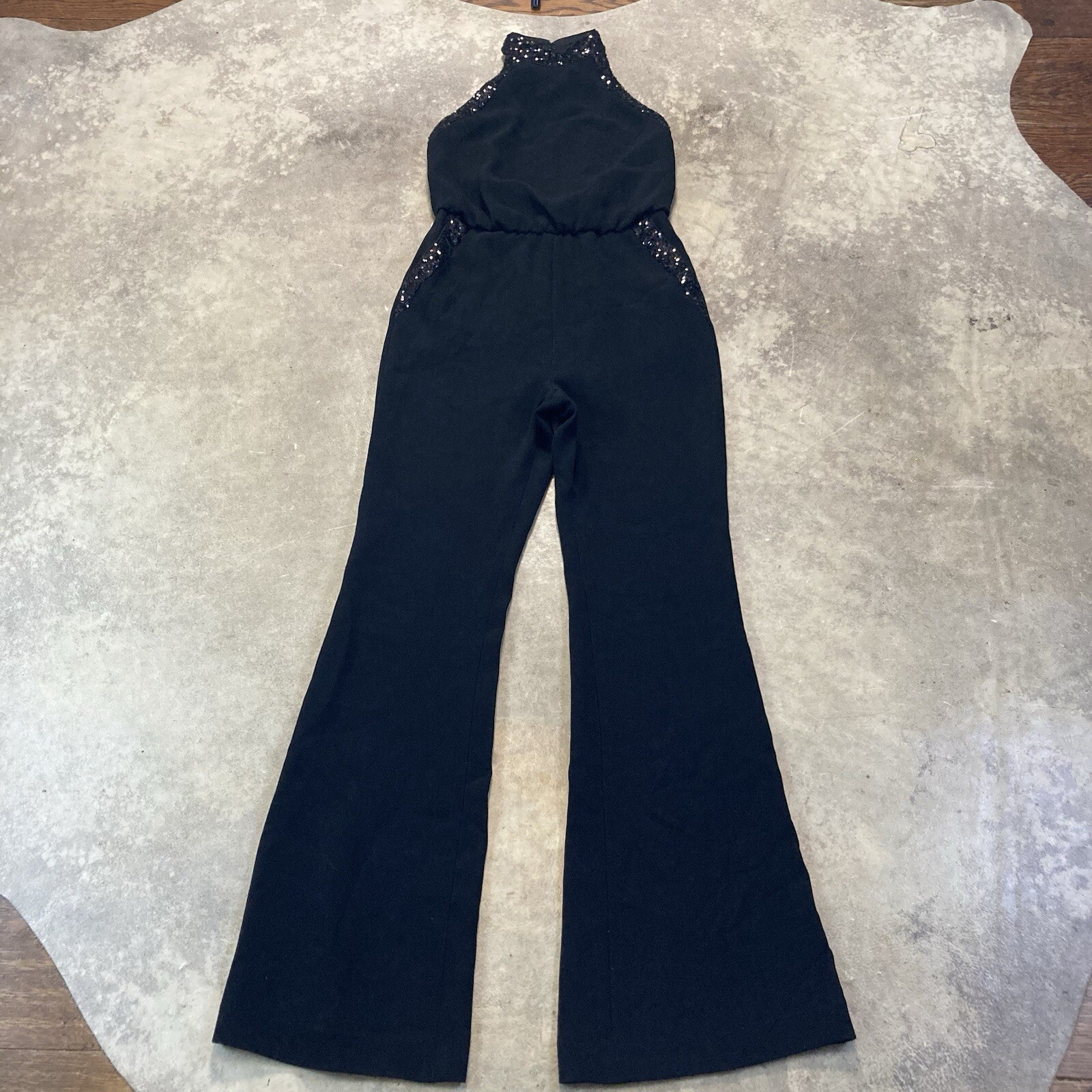 Rachel Zoe Lou Jumpsuit Womens 2 Black Sequin Neck Pockets Halter Neck Open Back