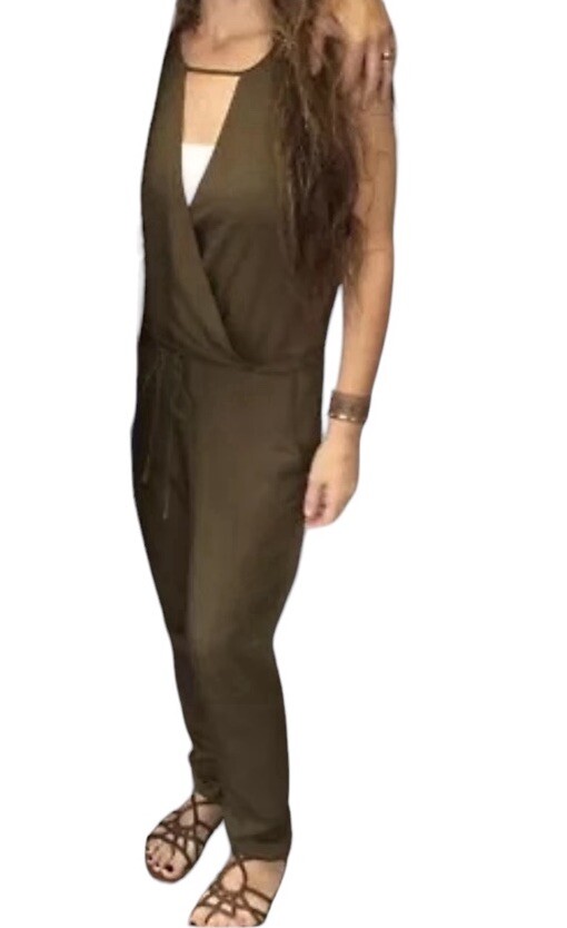 Spoon Womens Boho Jumpsuit L Army Green Cutout Vneck Drawstring Rayon Zip