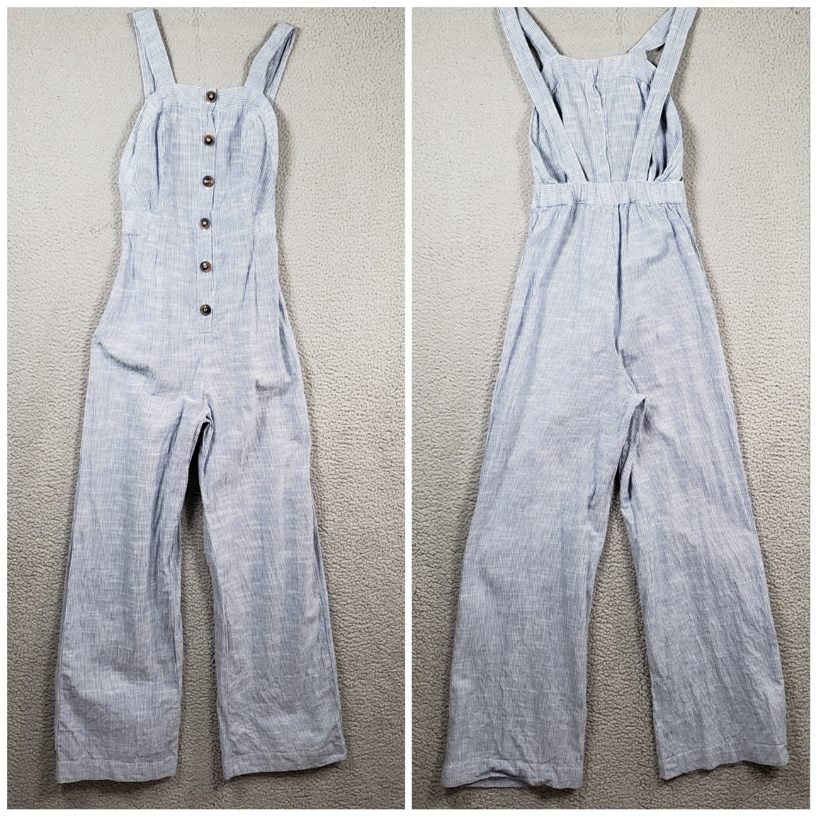 Japna Wide Leg Jumpsuit Womens Small Blue Stripe Button Front Cotton Nautical