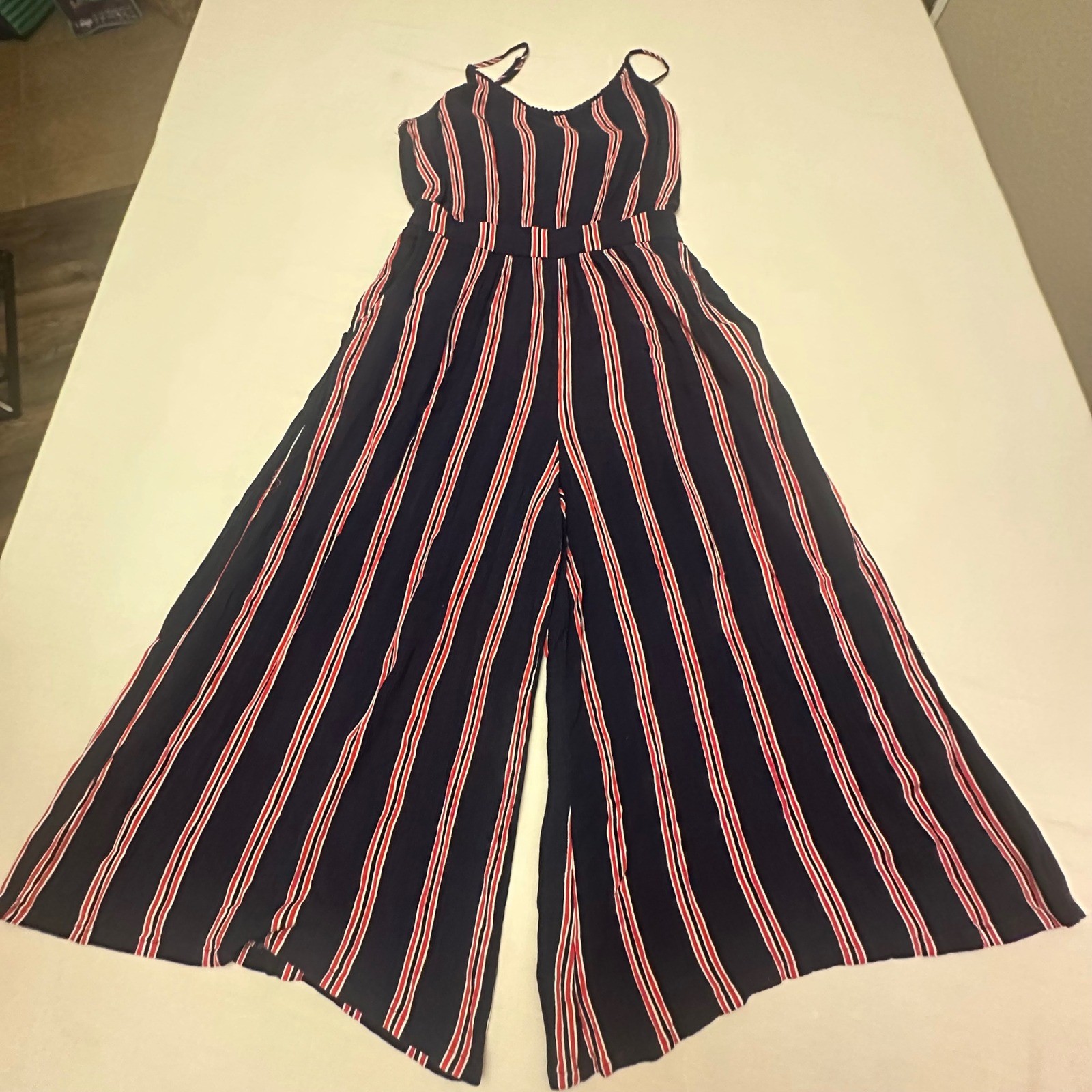 Derek Heart Women’s L Red White Blue Striped Wide Leg Jumpsuit Patriotic July 4