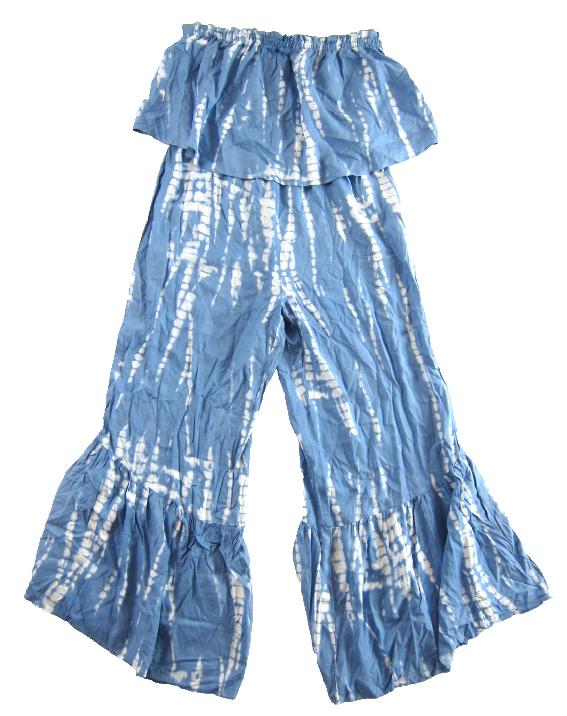 Japna Blue White Tie Dye 100% Rayon Strapless Wide Leg Romper Jumpsuit Large