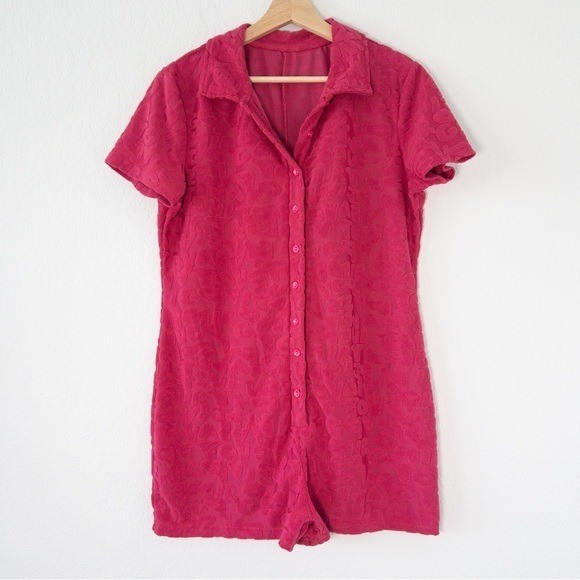 Pink Terry Cloth Embossed Letter Button Front Romper Short Sleeve XL
