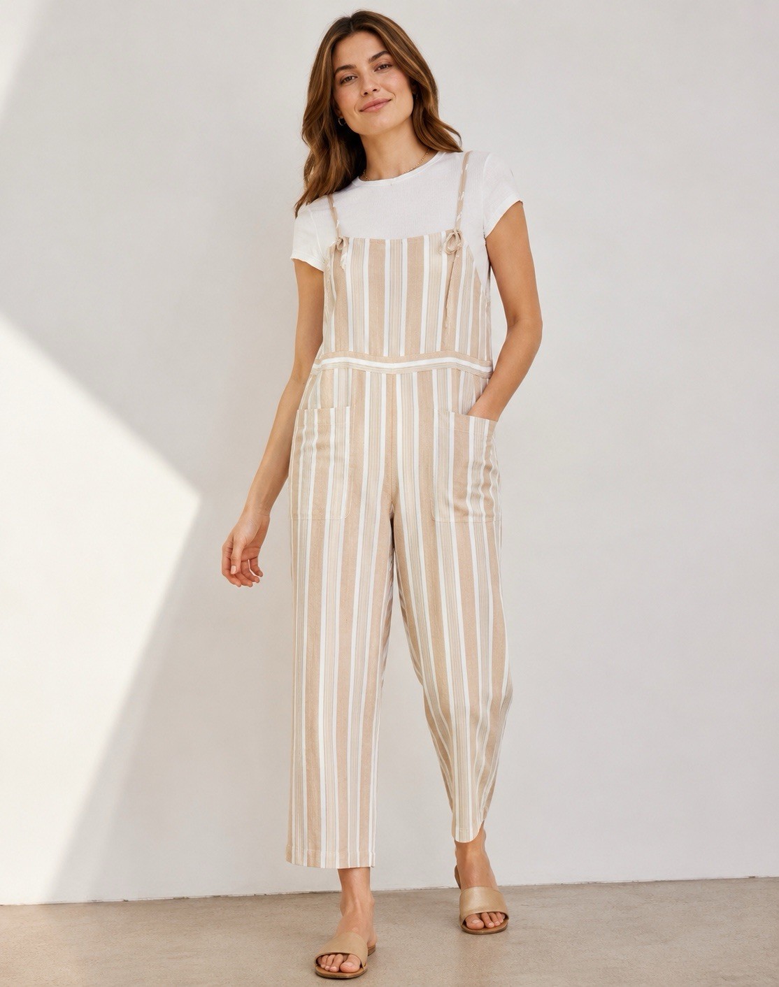Madewell Striped Tie Strap Wide Leg Linen Blend Overalls XL Tan Cream NWT