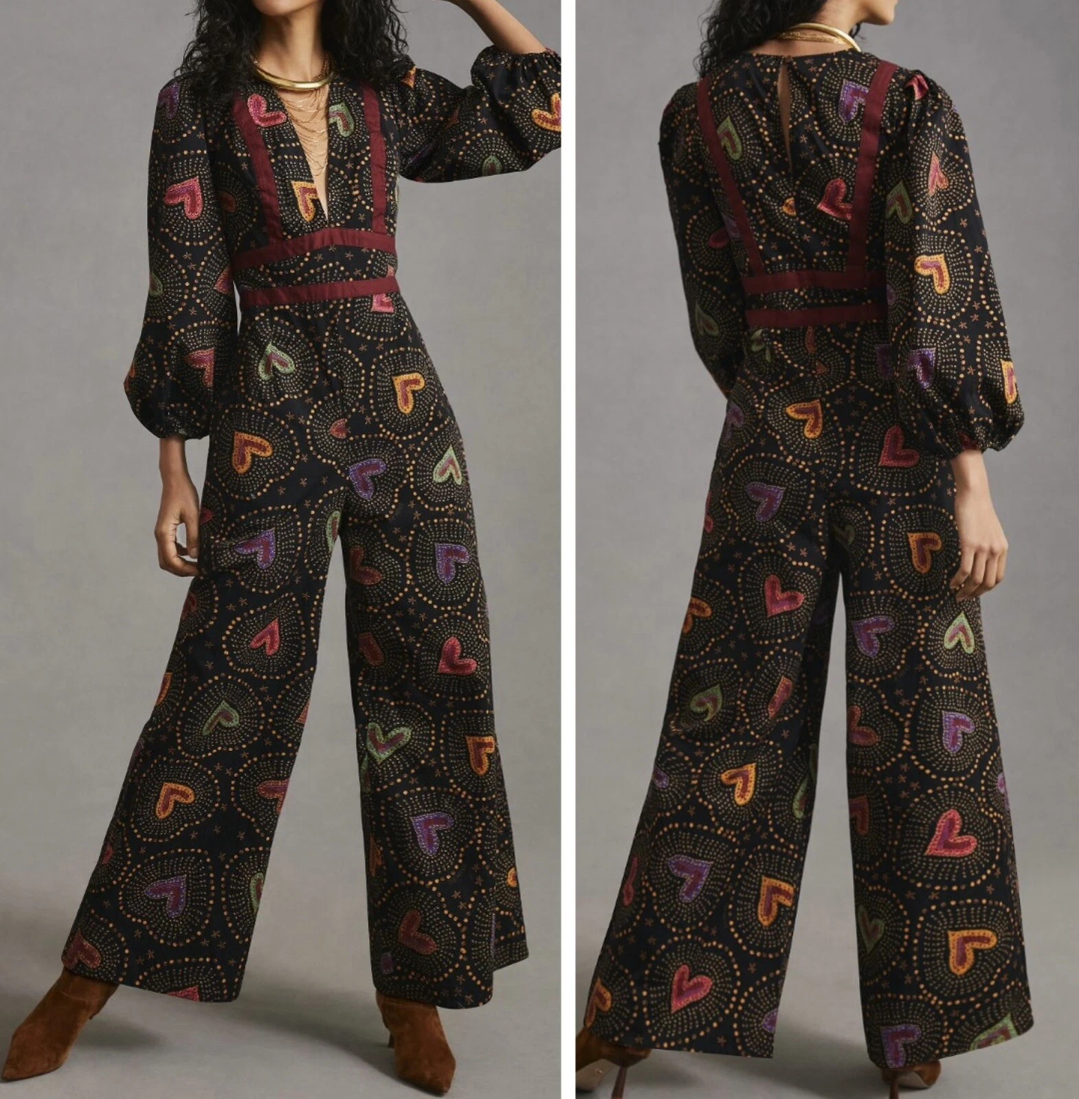 NEW Anthropologie x Farm Rio Valentine Hearts Print Wide-Leg Jumpsuit Medium