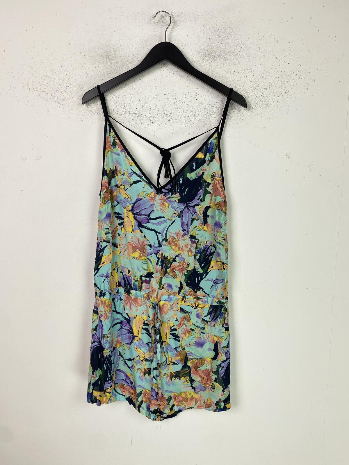 Suboo Green Blue Multi Floral Playsuit Strappy Tie Back Sleeveless UK 8 New