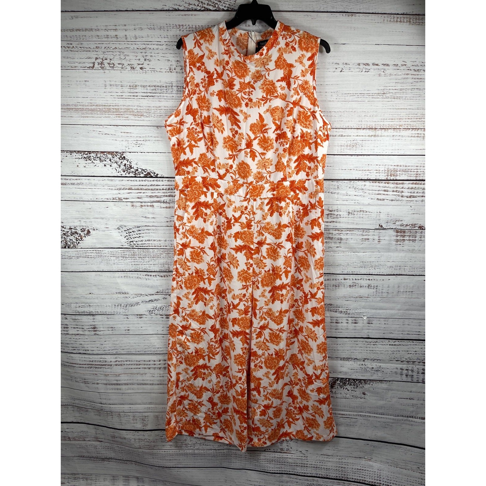 Boohoo Jumpsuit Women’s 18 Orange Floral Sleeveless Mock Neck Calf Length Boho
