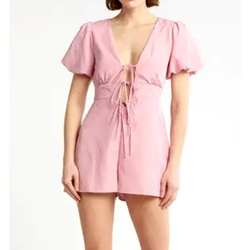LUMIERE Red & White Striped Tie Front Puffy Sleeve Romper Jumpsuit Shorts Large