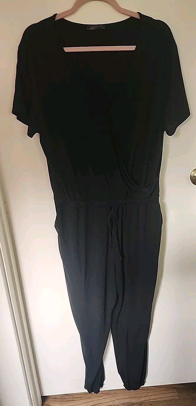 Pretty Garden Black L Vneck Jumpsuit Overall Pockets Romper Jogger Waist Tie