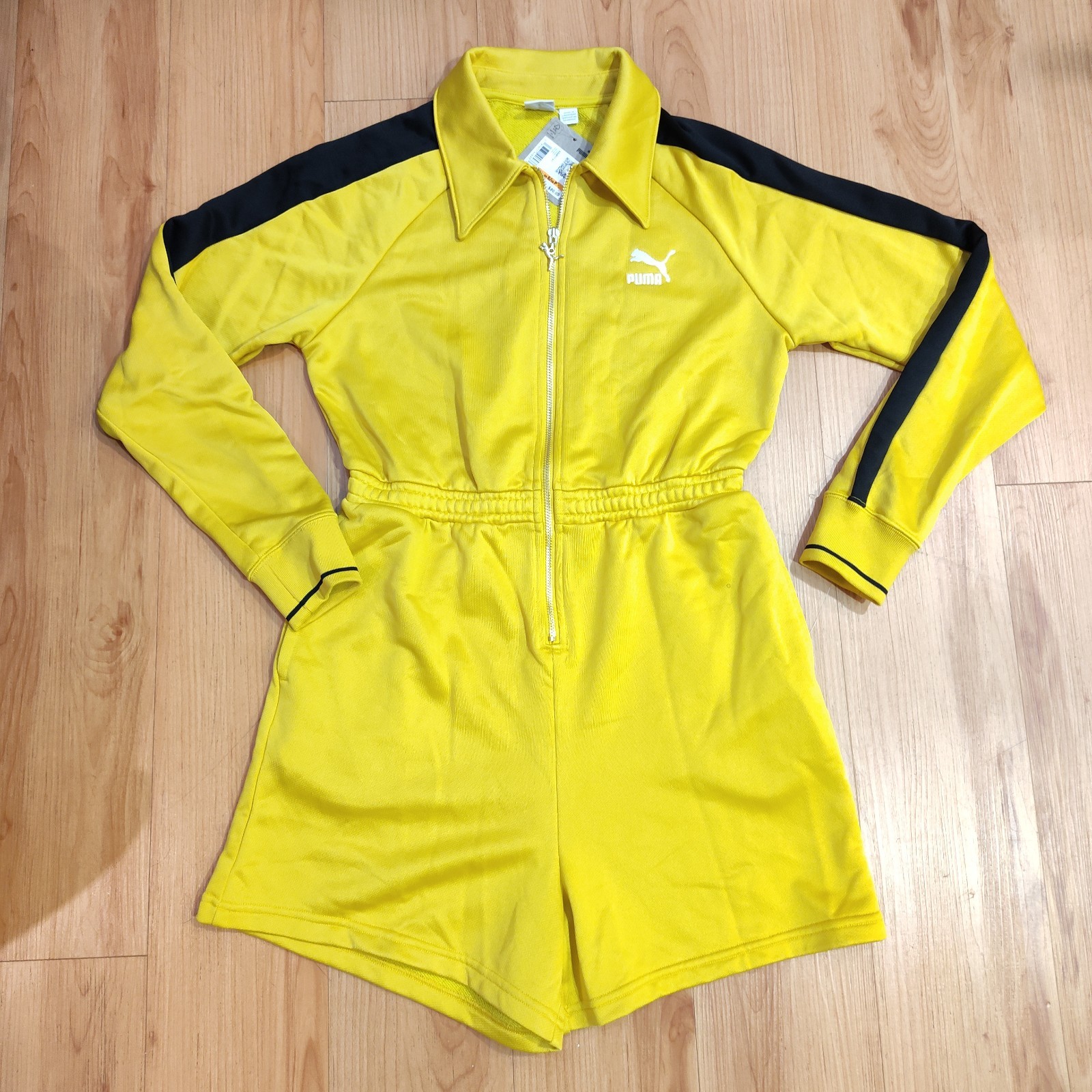 Puma T7 Play Paris Romper Womens Yellow Casual 62681141 Long Sleeve Sz S
