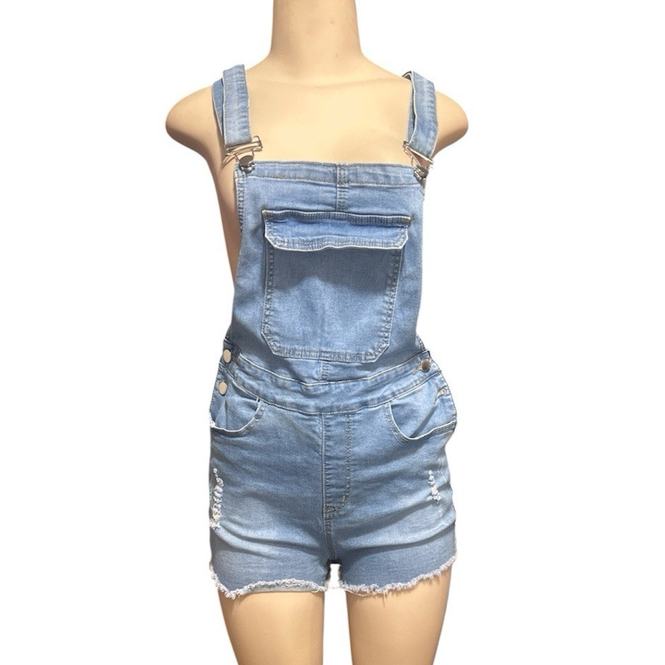 SHEIN Women’s Blue Denim Square Neck Sleeveless Overall Romper Pockets 0XL