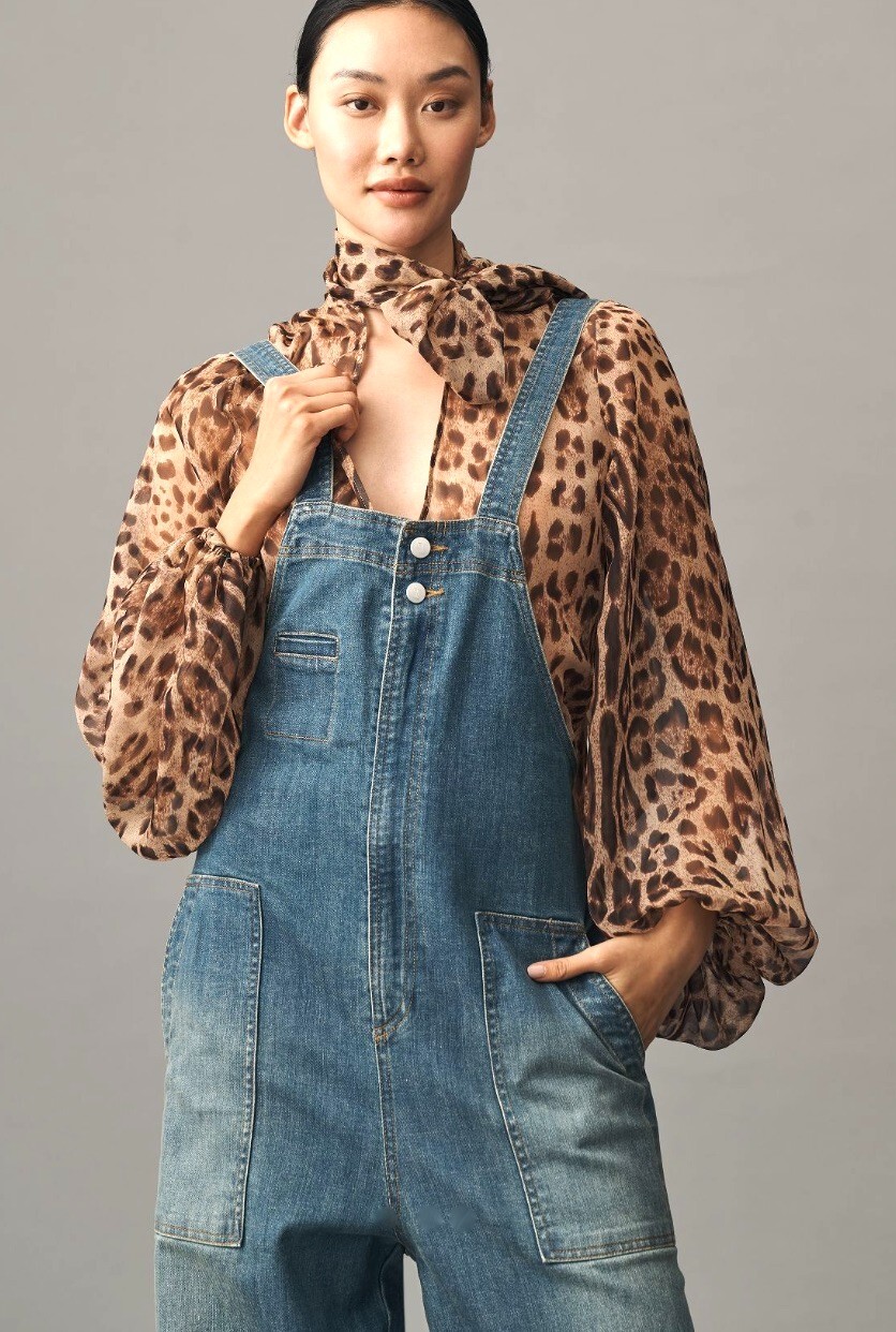 Anthropologie Pilcro Barrel Leg Zip Front Overall Adjust Med Blue Denim XS NWT