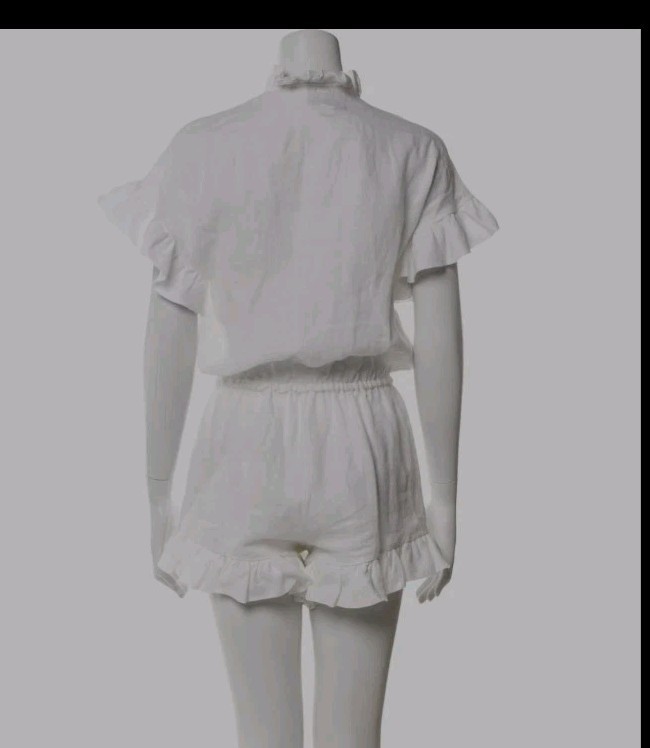 Alexis White 100% Linen Romper Ruffle Trim V-Neck Drawstring Waist Women’s Size