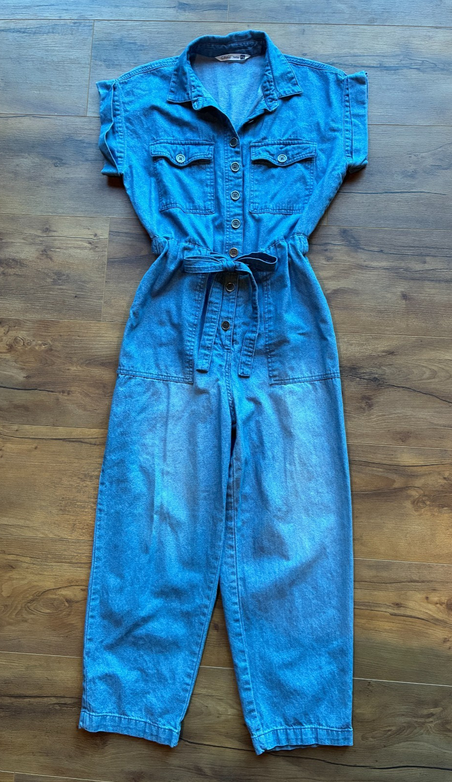G Kale Faded Blue Acid Washed Denim Jumpsuit Women’s Petite PS Belted Cotton NEW