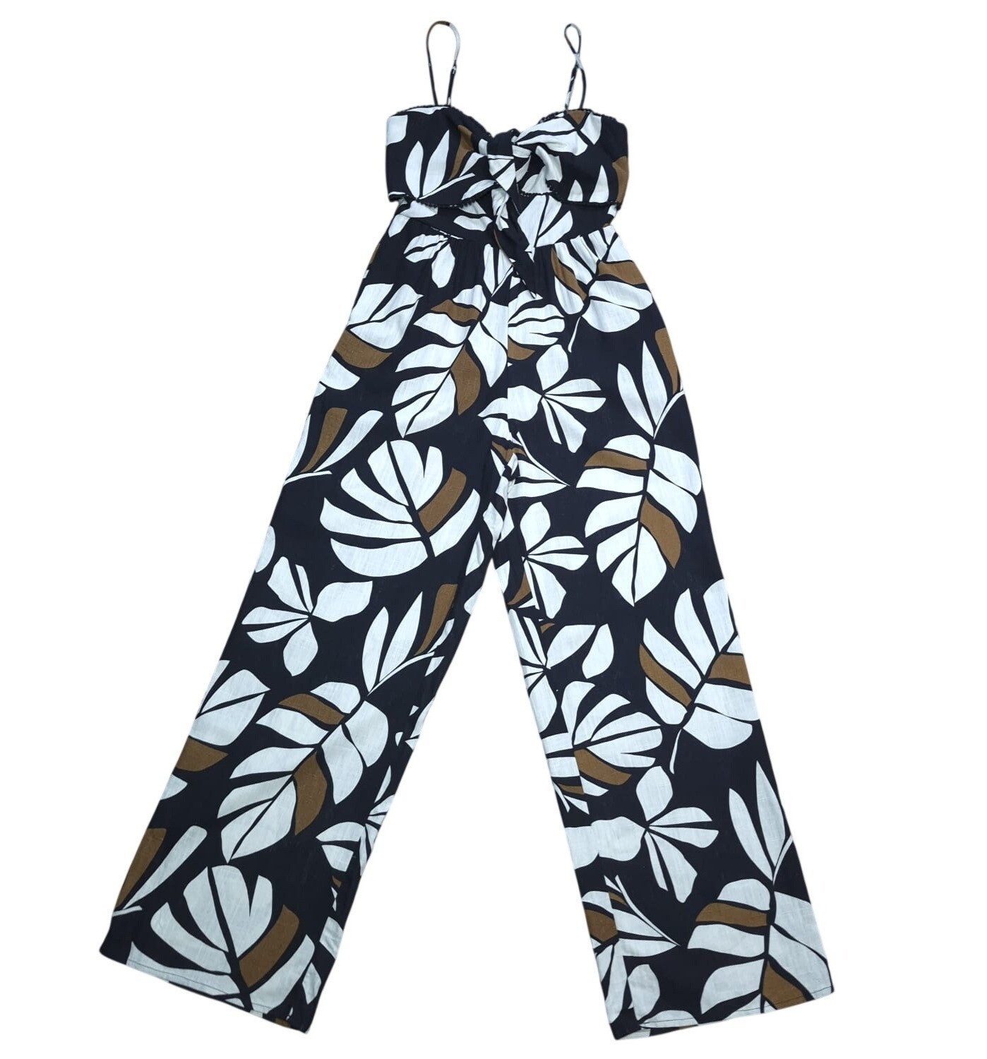 Audrey Parks Women’s Black White Leaf Print Jumpsuit Size S Linen Rayon Wide Leg