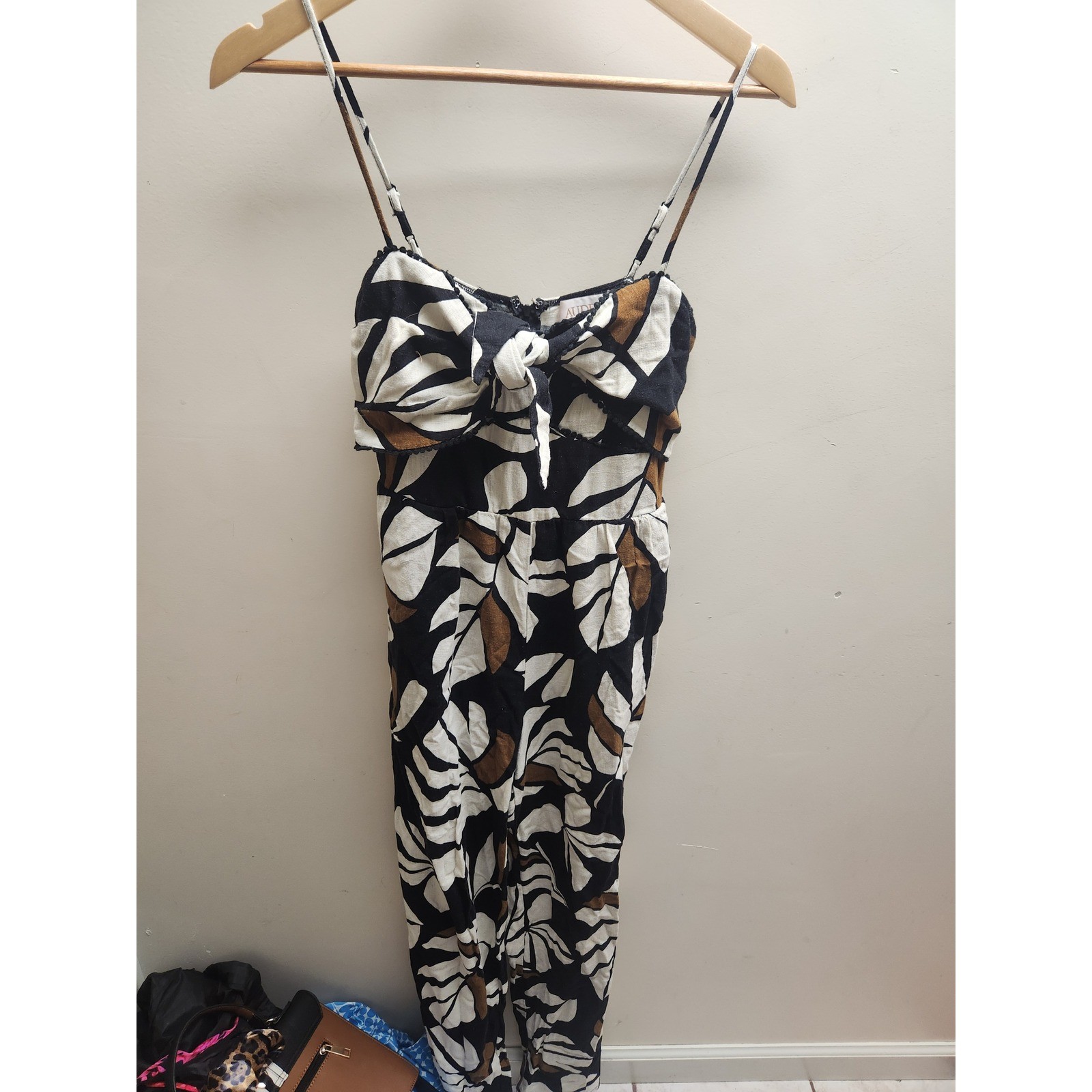 Audrey Parks Black White Brown Leaf Print Tie Front Jumpsuit Size S