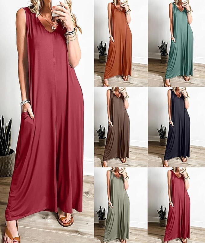 Women Sleeveless Wide Leg Jumpsuit V Neck One Piece Jumpsuit Flowy Jumper Romper