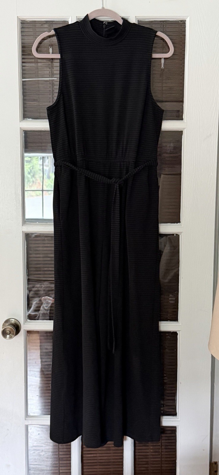 Gap Women’s L Black Stripe Mock Neck Sleeveless Wide Leg Jumpsuit | SKU 0389