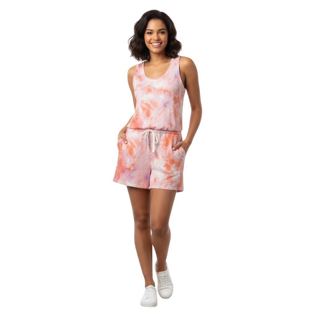 Old Navy Romper S Orange White Tie Dye Sleeveless Belted Scoop Pockets Beachy