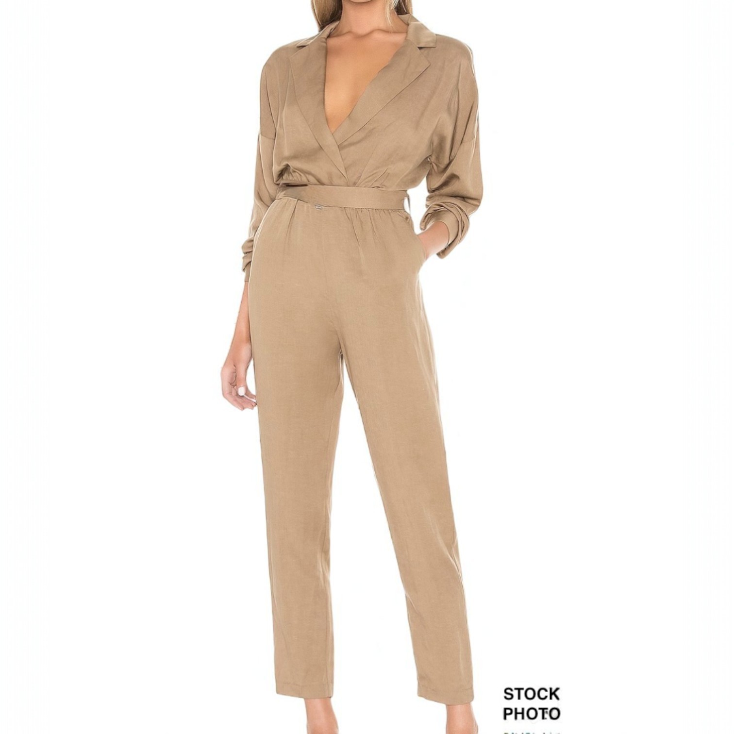 Revolve L’Academie Reed Jumpsuit Khaki Brown V Neck City Chic Tencel Linen NWOT