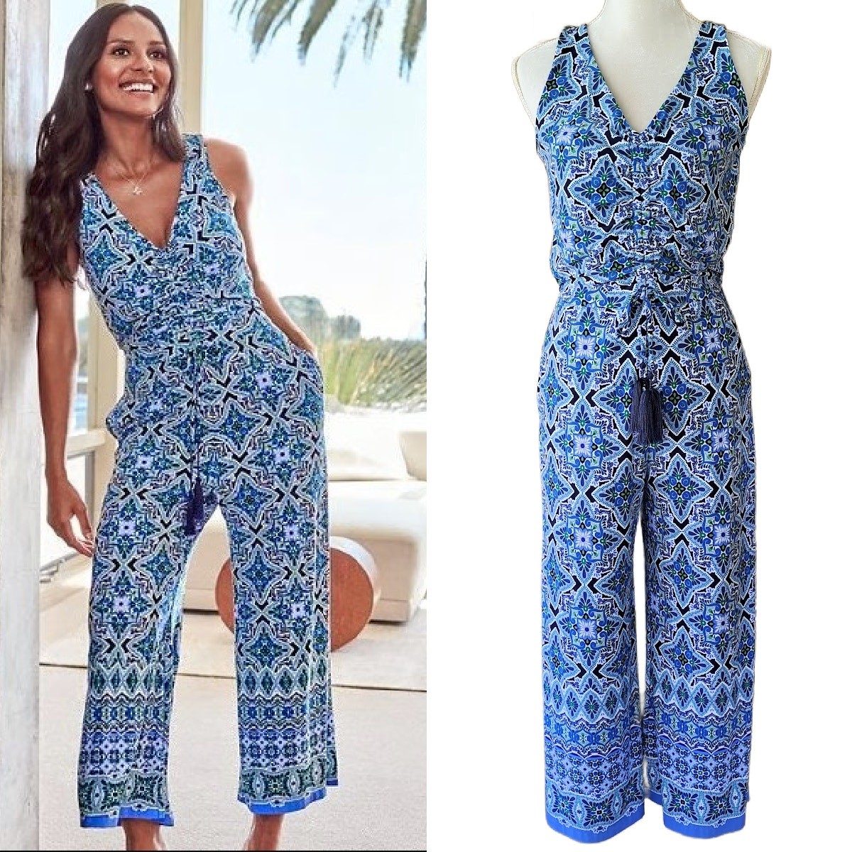 TOMMY BAHAMA Nassau Jersey Jumpsuit Small Island Navy V-neck Wide Leg Casual