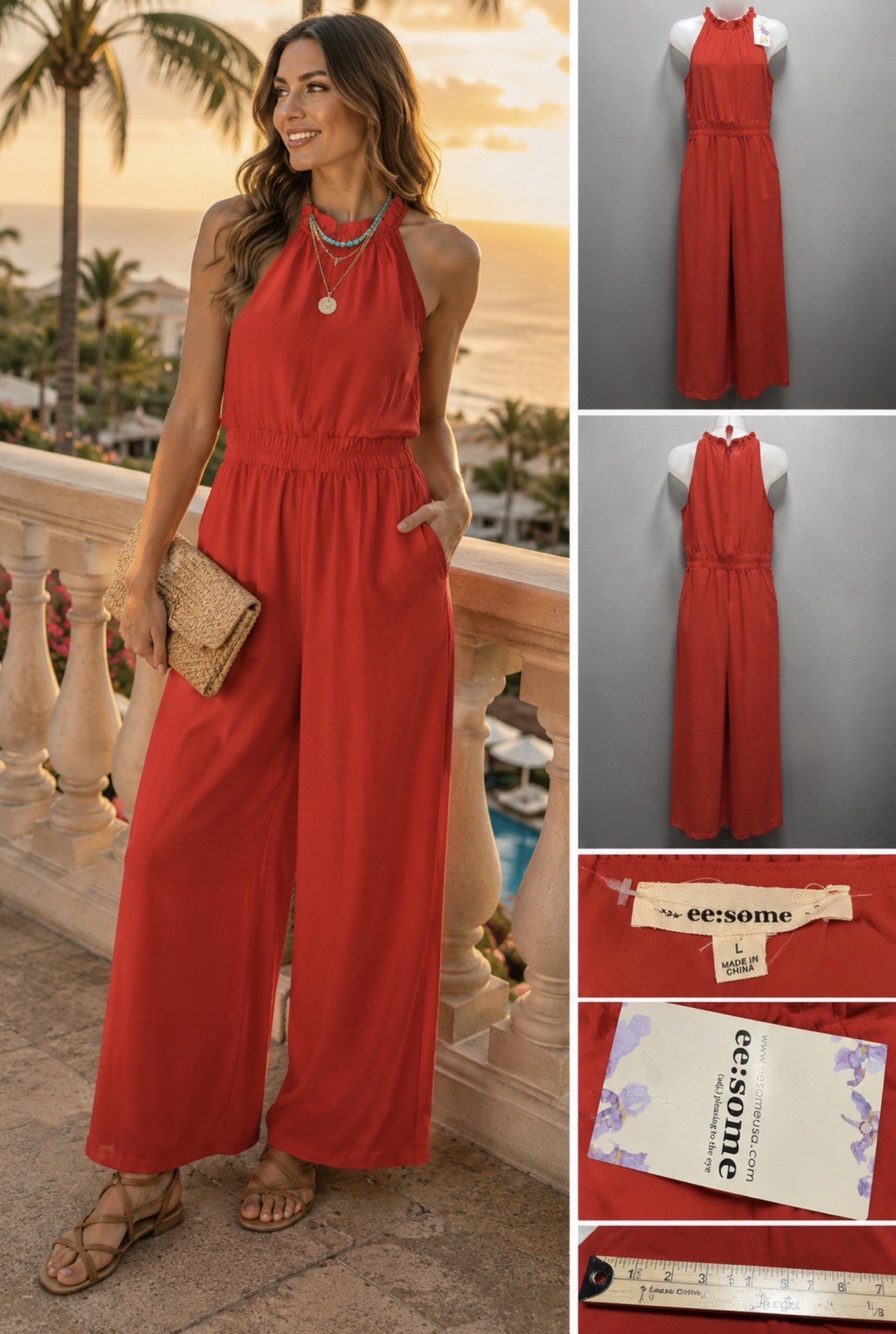 Ee:some Women’s Red Wide Leg Romper Jumpsuit Size Large Pockets Stretch NWT