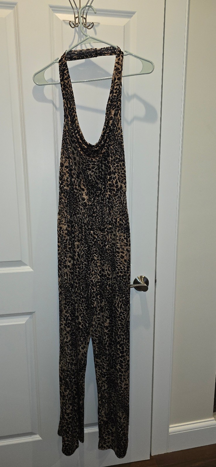 Leopard Print Halter Jumpsuit 1XL Made in USA Smocked Waist Wide Leg Cowl Neck