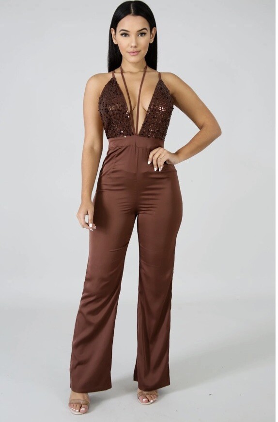 Brown Stretch For sequins jumpsuit
