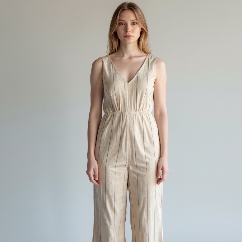 Coastal Minimalist Jumpsuit World Market S/M Cream Striped Cotton Blend