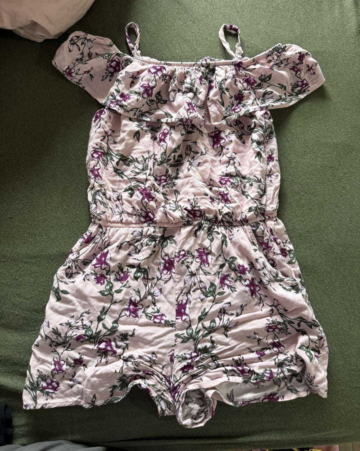 Amy Byer Juniors Pink Floral Off-the-Shoulder Short Sleeve Romper One-Piece, L