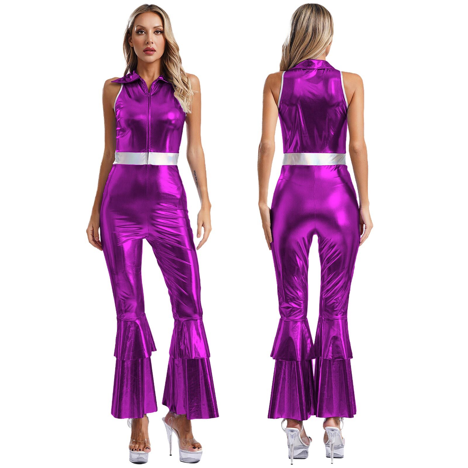 Womens Bodysuit Stage Performance Flared Jumpsuit Front Zipper 70s Disco Costume