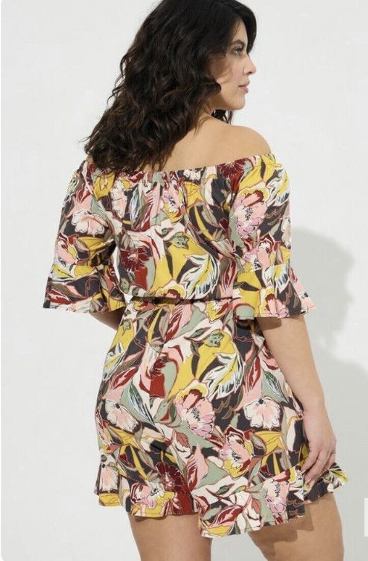 Torrid 3 Stretch Challis Floral Off The Shoulder Ruffle Romper Size 3X Spring