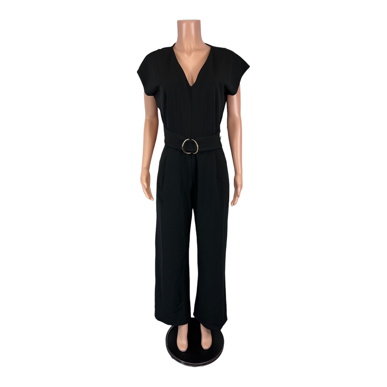 Bishop + Young Women’s Full Length D-Ring Belted Jumpsuit Solid Black Large Size