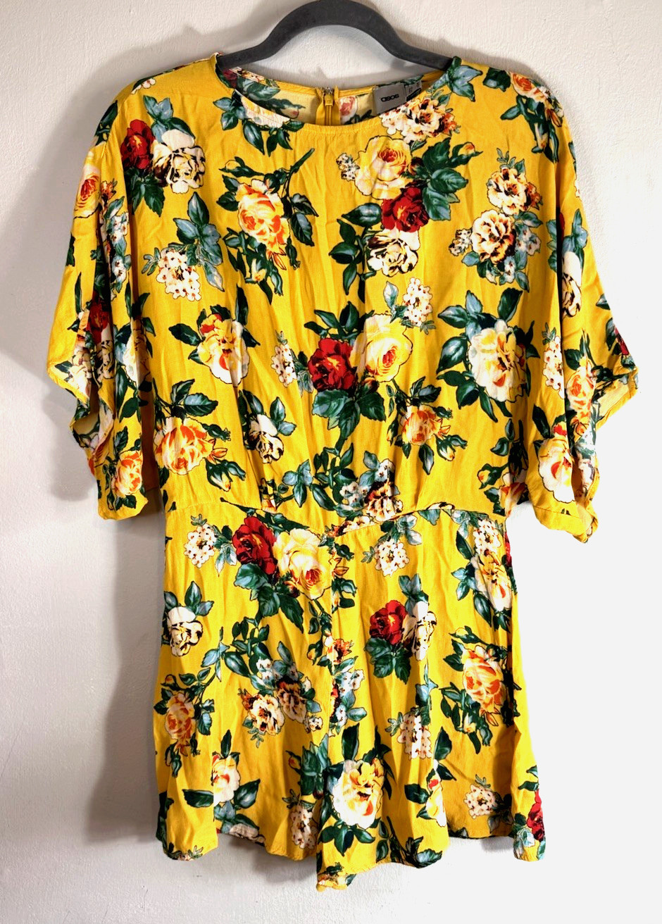 ASOS Floral Yellow Romper Shorts Suit UK 10 Boho Extra Wide Sleeve 100% Viscose