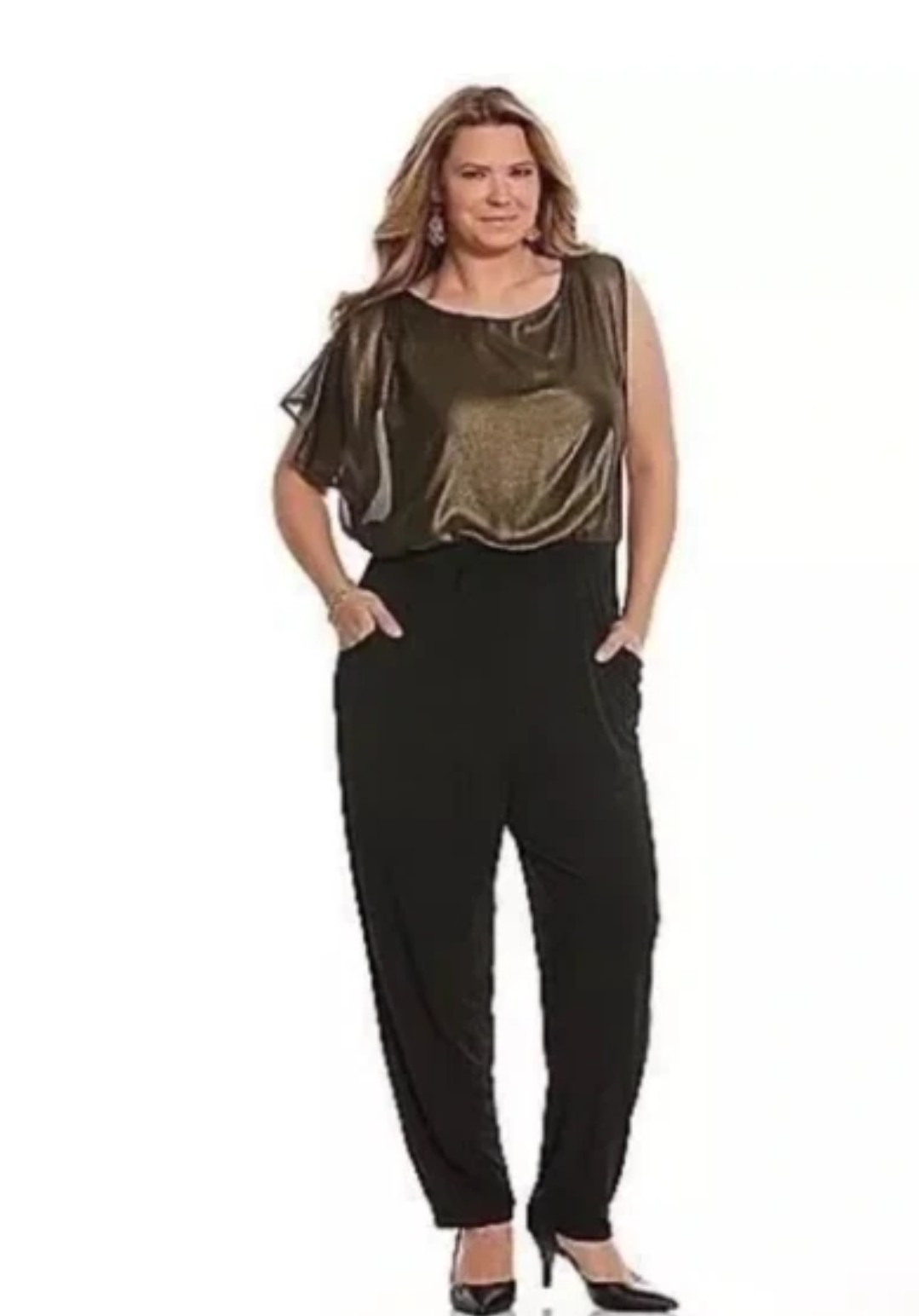 Lane Bryant Metallic Gold and Black Asymmetrical Jumpsuit – Size 26/28