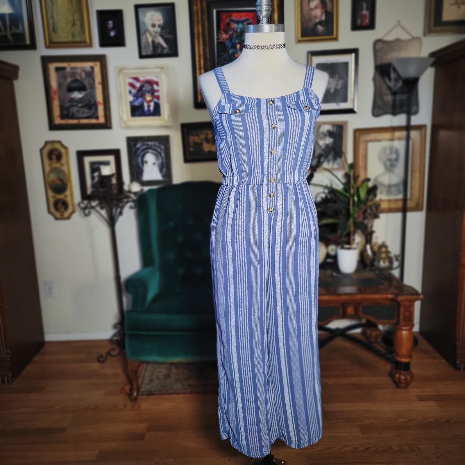 No Comment Jumpsuit Blue White Striped Wide Leg Button Front Girls XL 16 Small