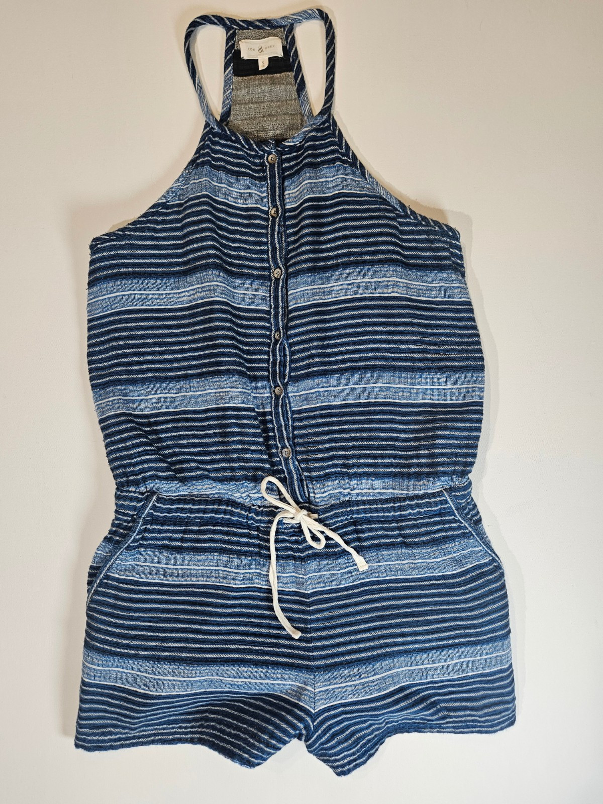 Lou & Grey Baha Romper Womens Small Blue White Striped Halter Nautical Beachy