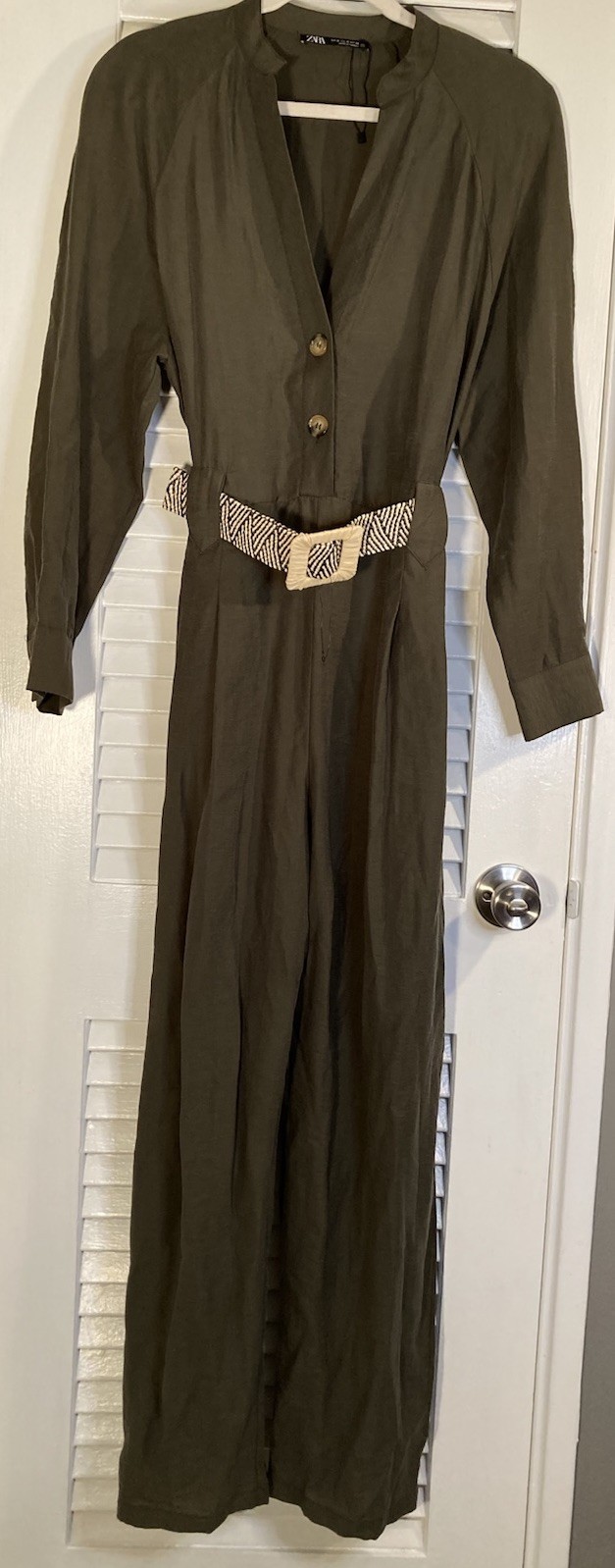 ZARA BELTED JUMPSUIT DARK Green KHAKI Long Sleeves Safari Fun Women’s M NWOT