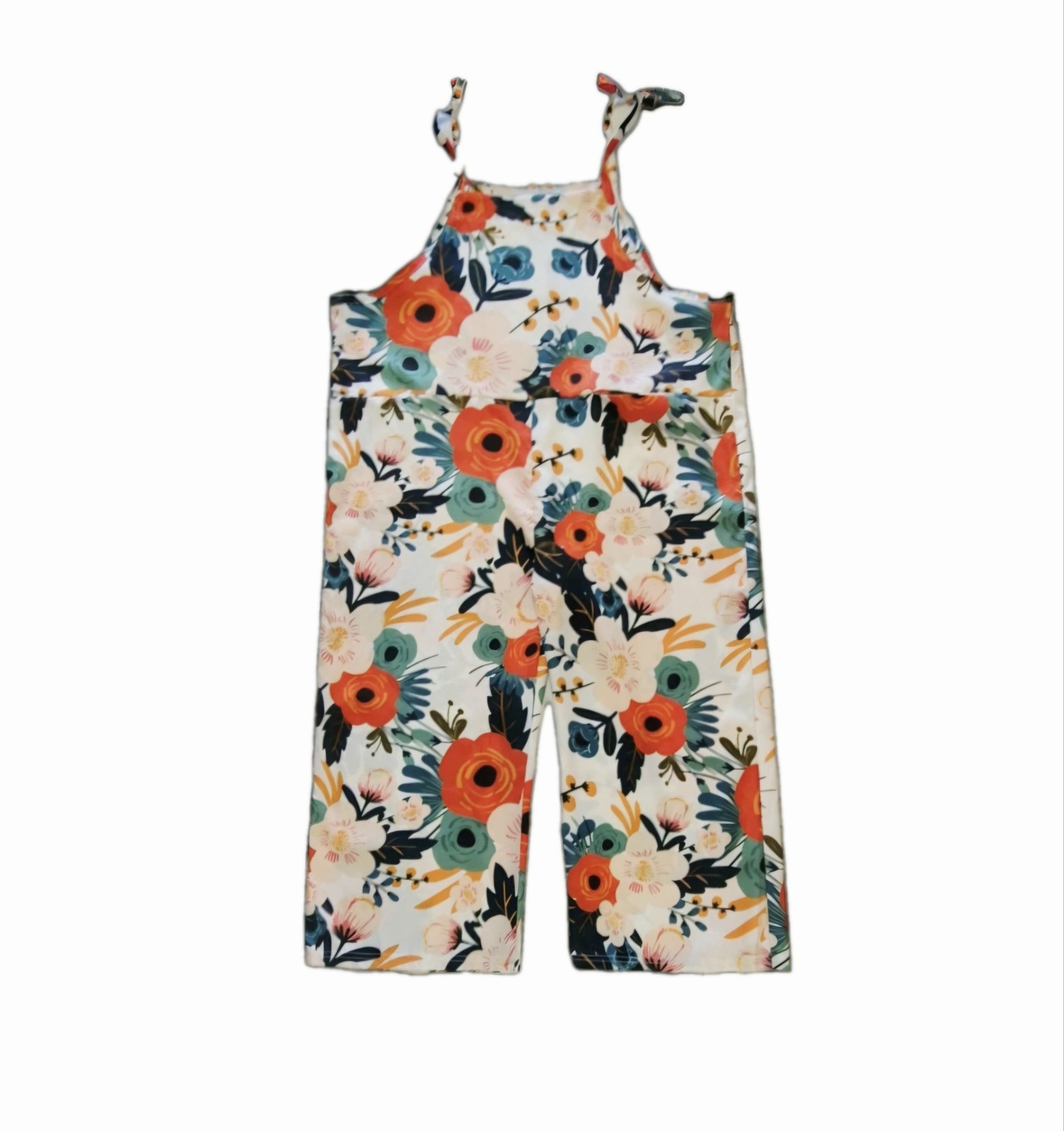 Multicolor Floral Sleeveless Tie Strap Jumpsuit XXL Polyester Spandex Pockets