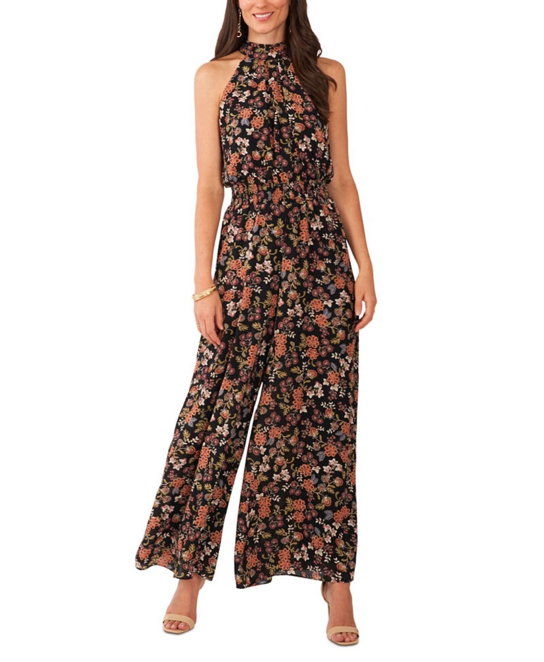 Vince Camuto Women’s Smocked-Waist Wide-Leg Halter Tie-Back Jumpsuit XL Black